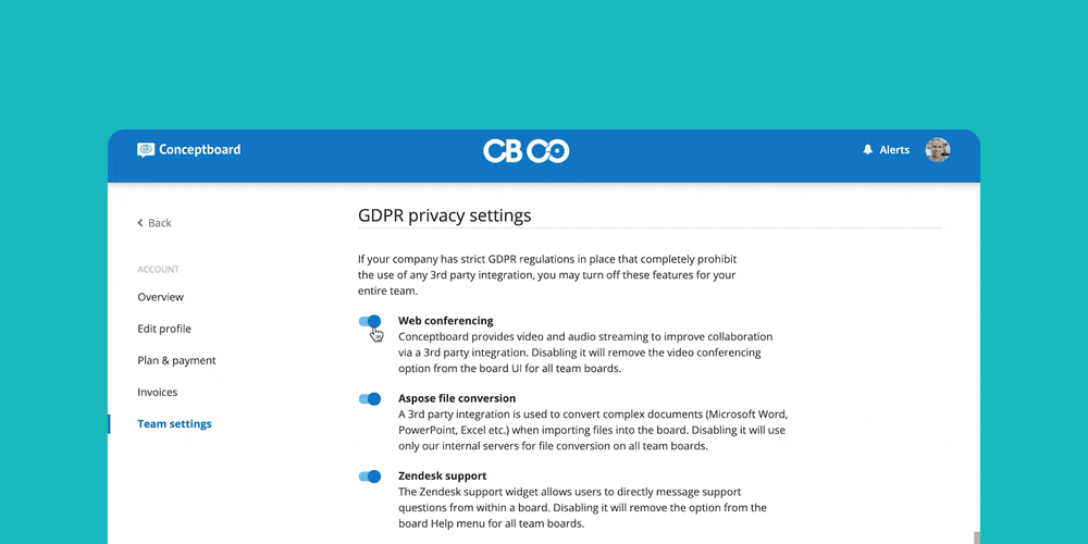 gdpr settings in conceptboard