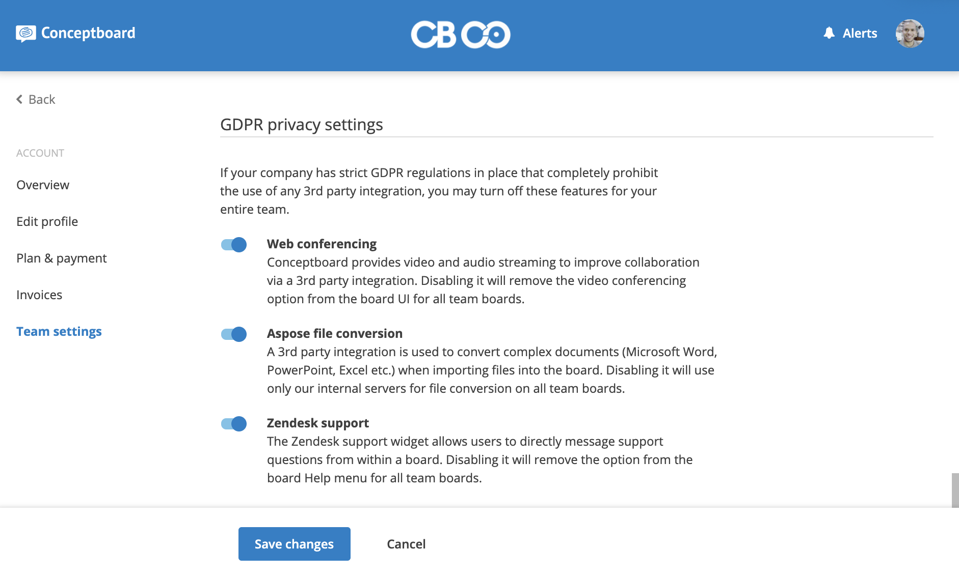 GDPR team privacy options