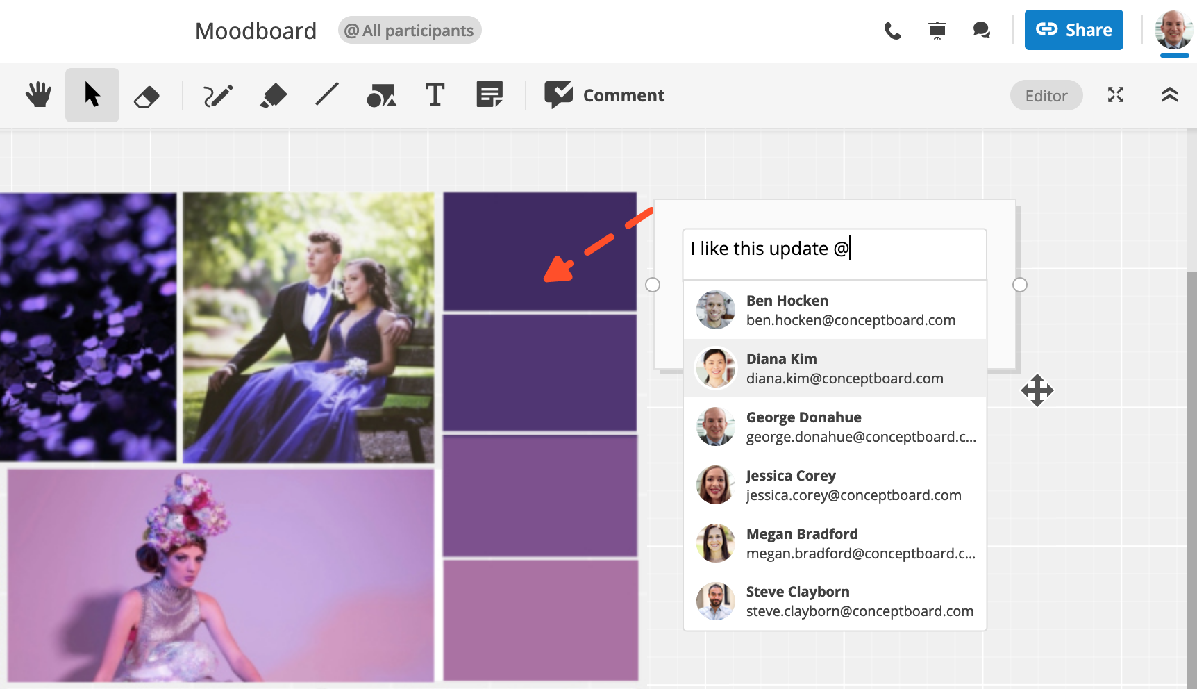 mention an existing board participant  in a comment to automatically add them to their contact list