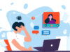 Zoom fatigue. A person represented with her hand touching her head being overwhelmed by an online meeting
