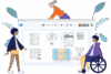 Three persons next to a board with a prototype or wireframe template