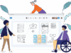 Three persons next to a board with a prototype or wireframe template