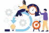 Project management target group teams. A person sitting on an imaginary arrow, having a clock next to him and a target below. The person works on his laptop on a project