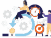 Project management target group teams. A person sitting on an imaginary arrow, having a clock next to him and a target below. The person works on his laptop on a project