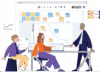 3 people sitting at a table working on a board and collaborating together in public sector