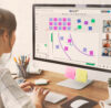 Person working on a Conceptboard board on a project with the team. There are 5 people in a call working on a graph with sticky notes