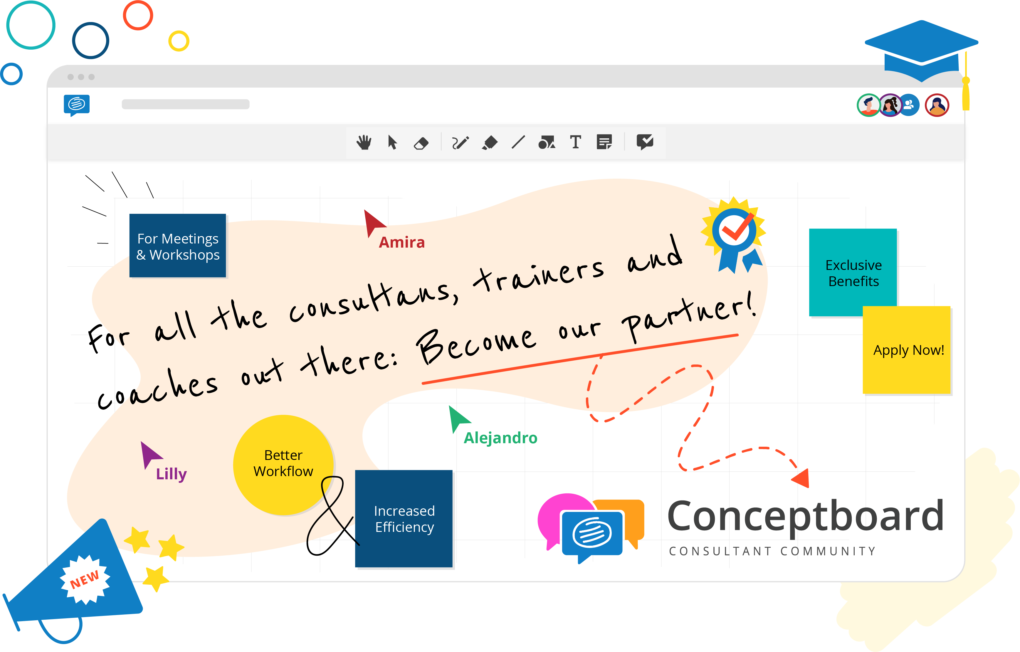 Conceptboard Consultant Community header with a board represented on it, with cursors, sticky notes, arrows, symbols and a text which says: 'For all the consultants, trainers and coaches out there: Become our partner!''