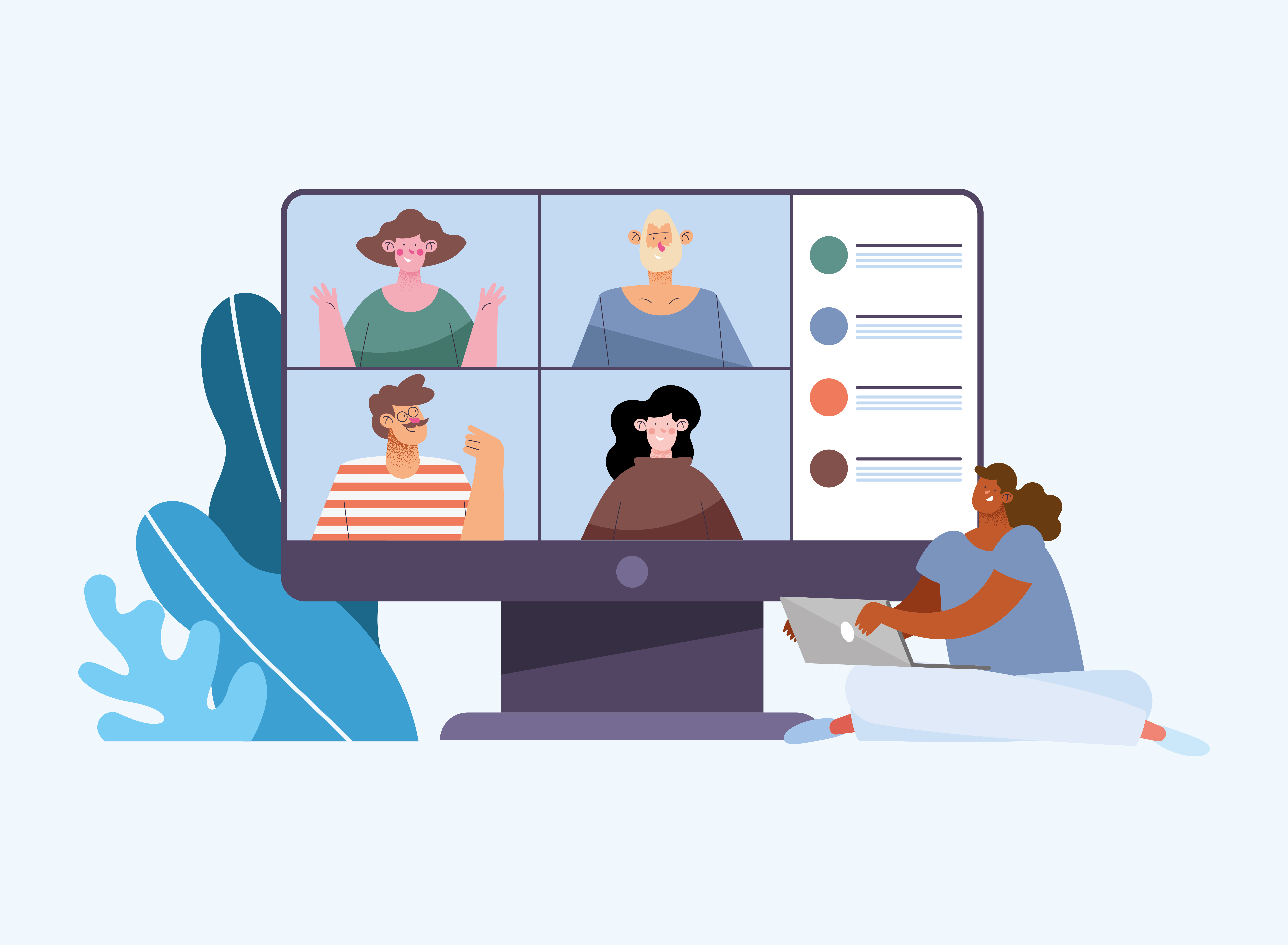 Illustration eines Laptops mit einer Videokonferenz, in der ein Hybrides Team dargestellt sind, die an einer online hybriden Meeting teilnehmen