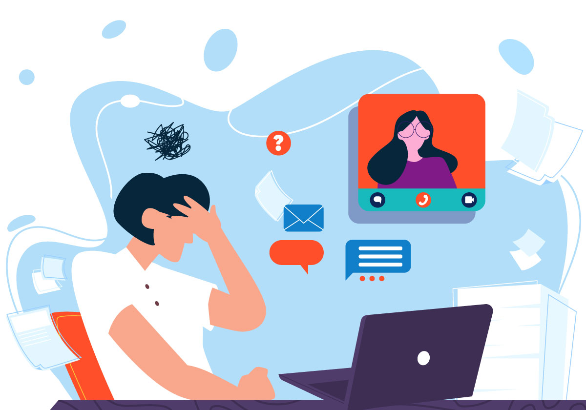 Zoom fatigue. A person represented with her hand touching her head being overwhelmed by an online meeting
