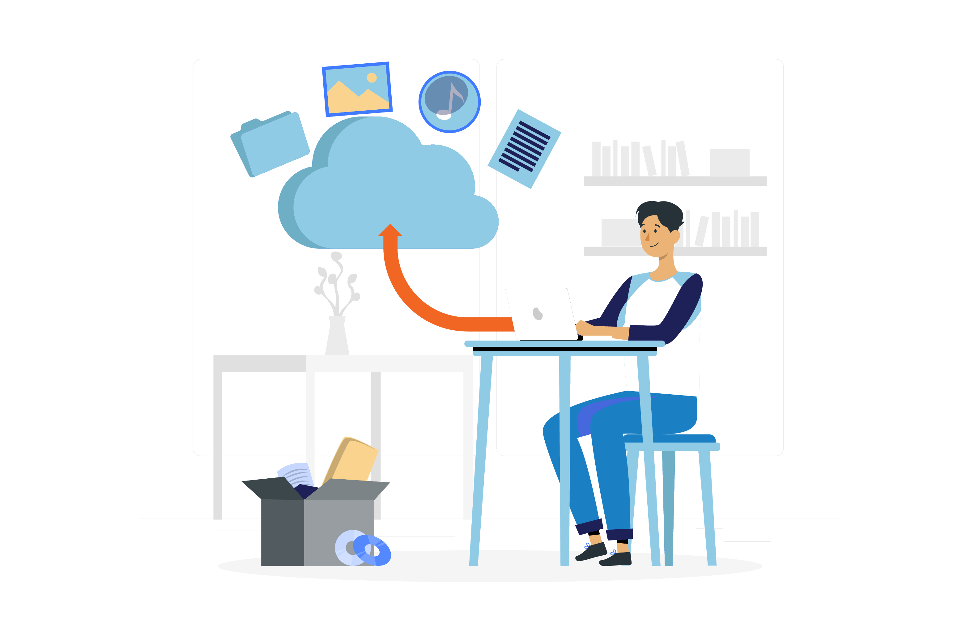 a person sits at a table and works on his laptop. There is a cloud next to him, which represents the storage of all data in a cloud to save the volume of his data