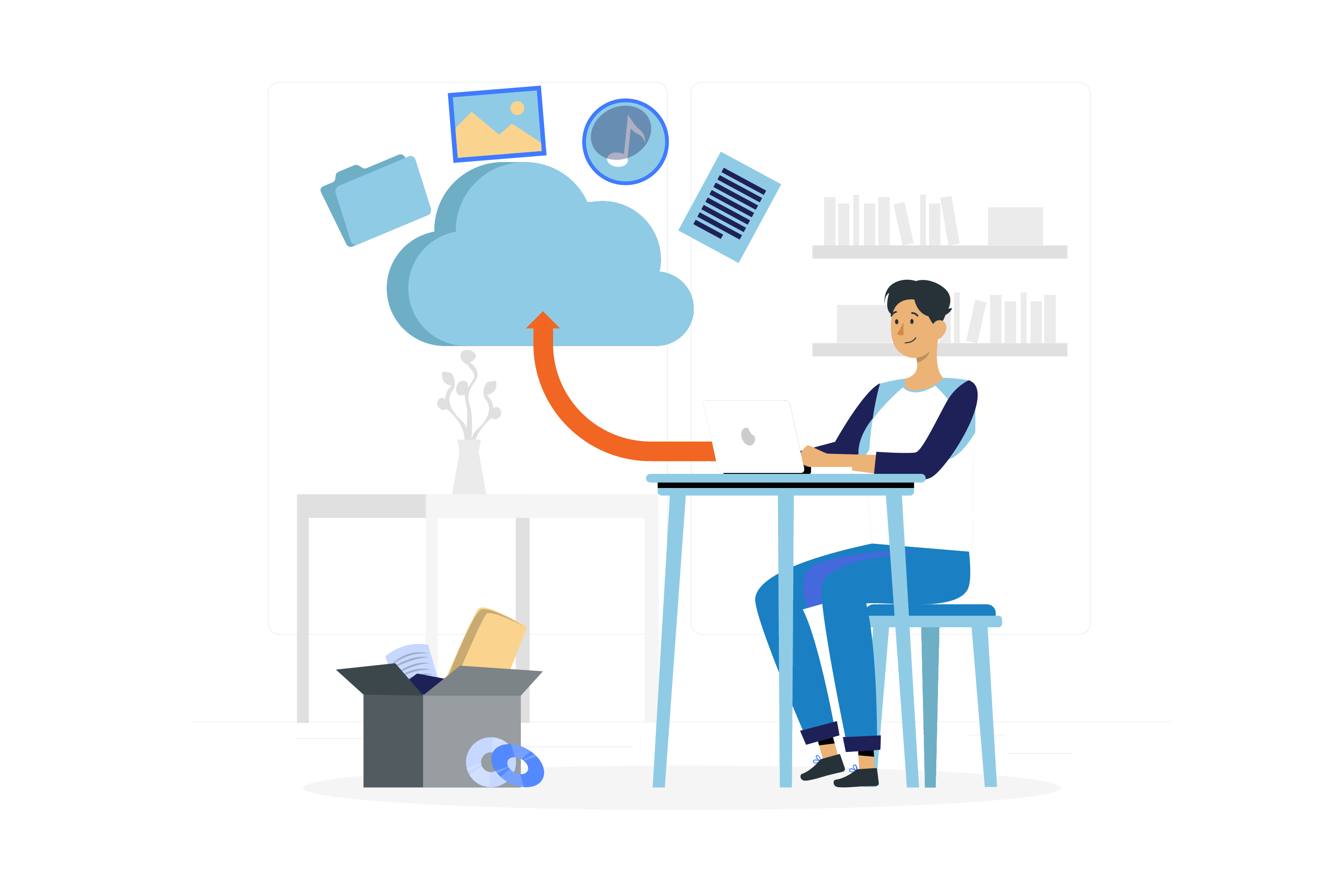 eine Person sitzt an einem Tisch und arbeitet an seinem Laptop. Neben ihm befindet sich eine Wolke, die die Speicherung aller Daten in einem Cloud darstellt, um das Volumen seiner Daten zu sparen