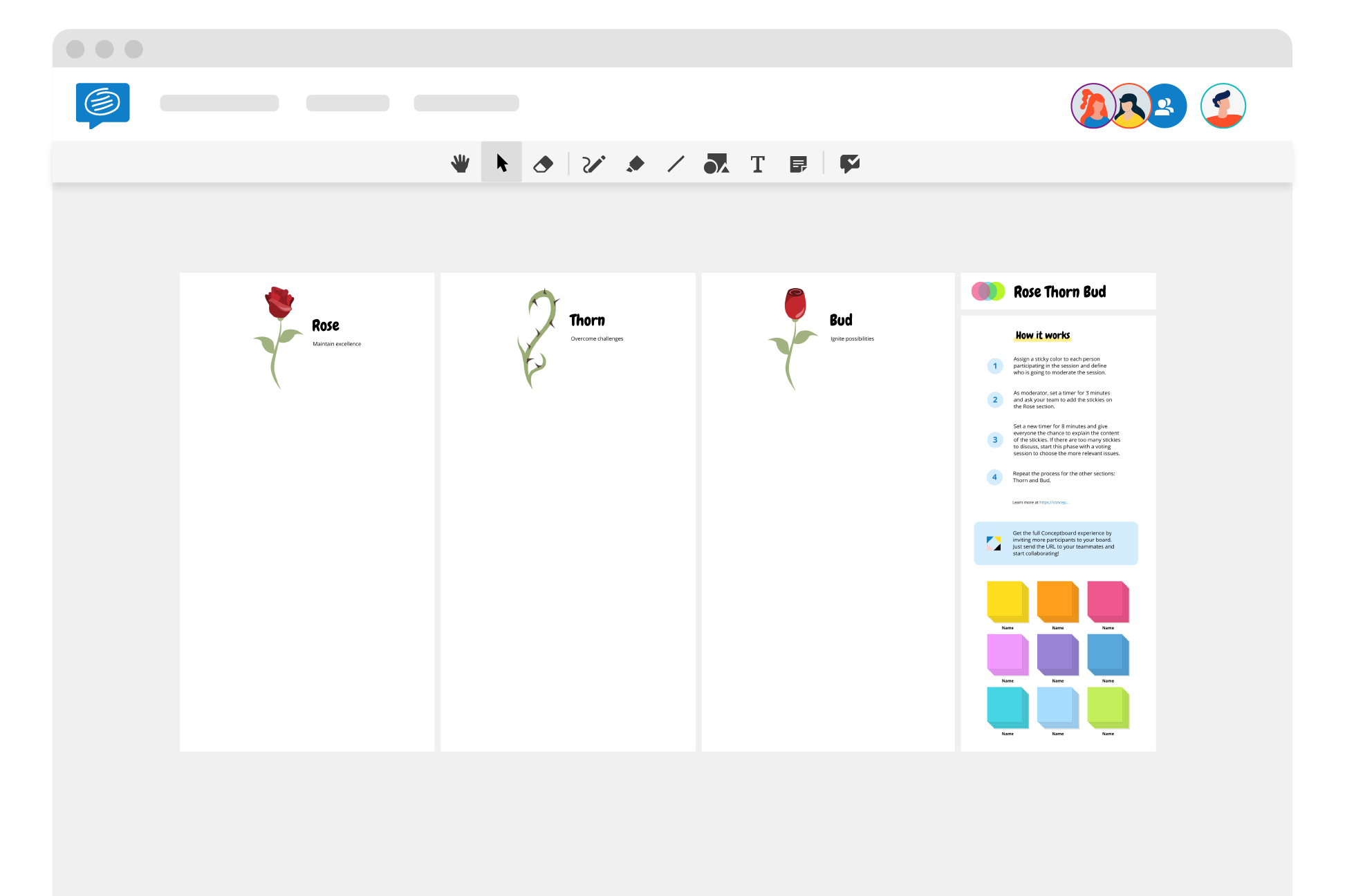 Rose, Bud, Thorn Retrospective Free Template Conceptboard