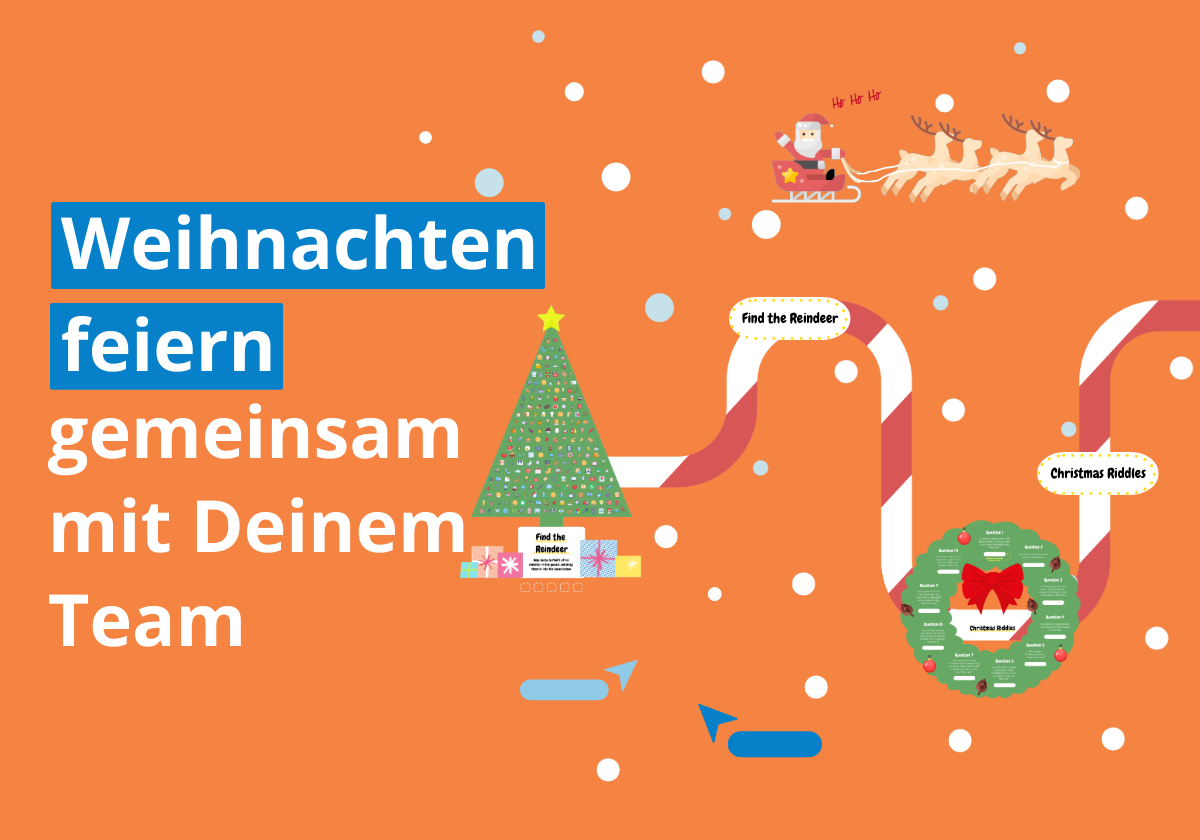 Weihnachts-Template auf Online-Whiteboard mit Weihnachtsmann, Rentieren und Schneeflocken