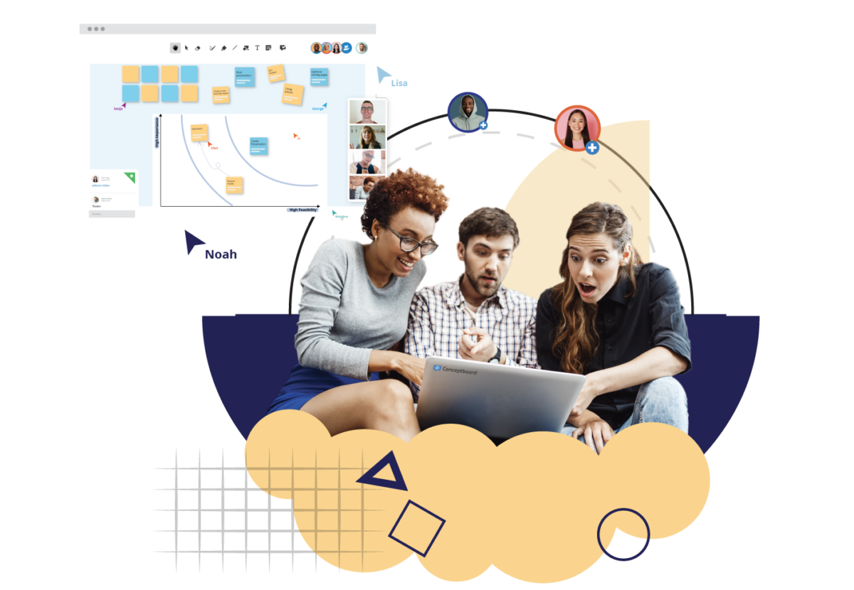 3 people sitting in fron of a laptop with a conceptboard board in the background collaborating together during a icebreaker session
