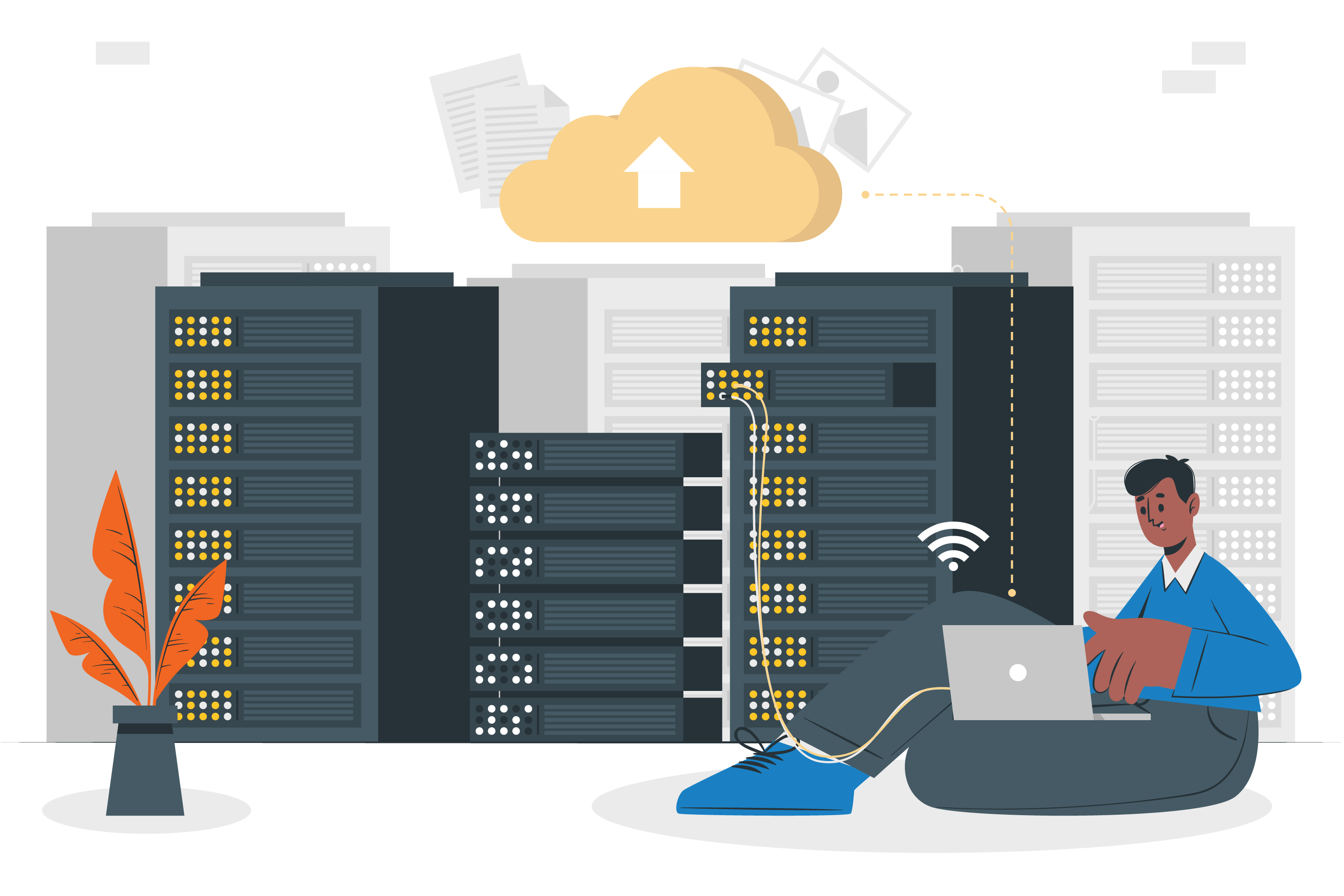 a person with a laptop sitting on the floor next to a server on which is a cloud representing cloud hosting