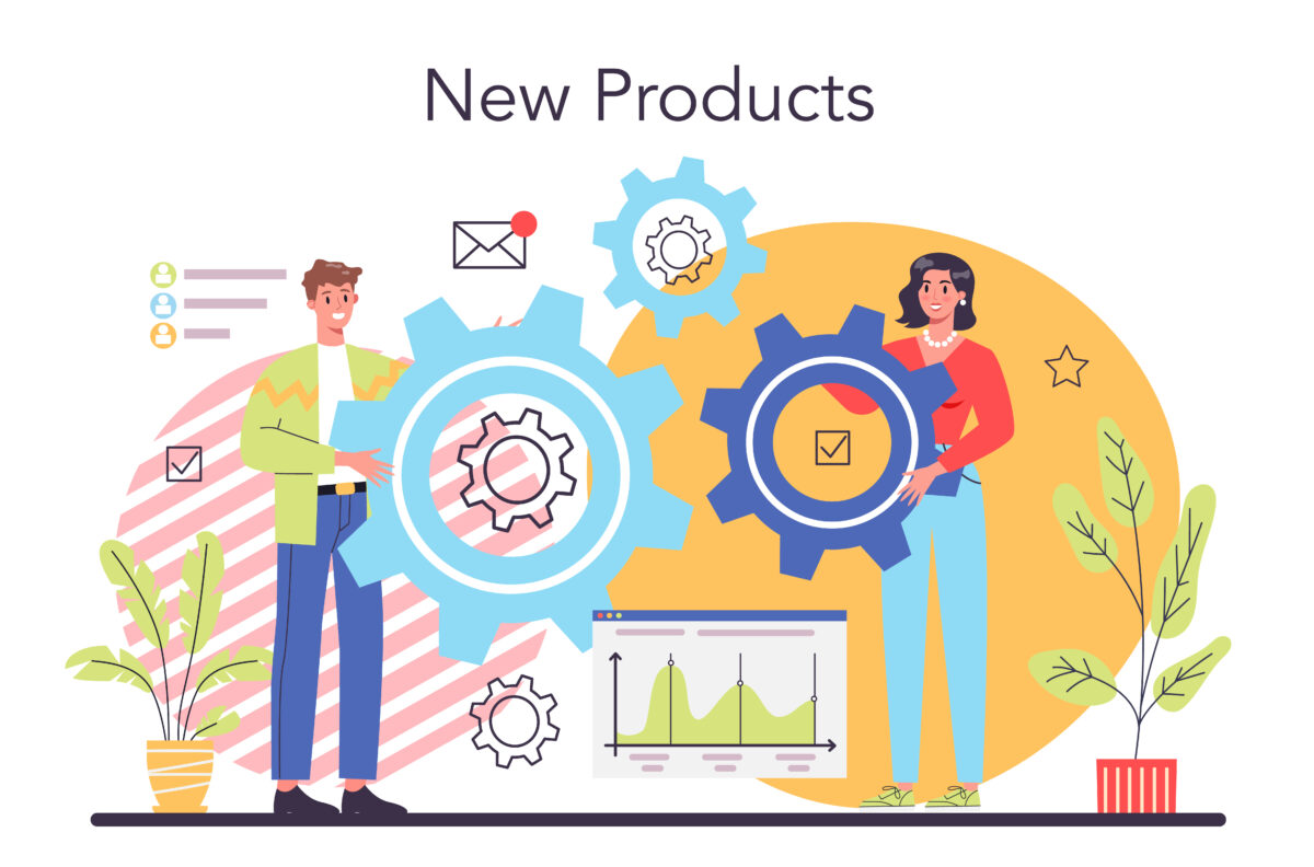 product management teams. New product concept. Start up business development idea. Entrepreneurship concept. Idea of project planning, promotion, management and marketing. Vector illustration in cartoon style