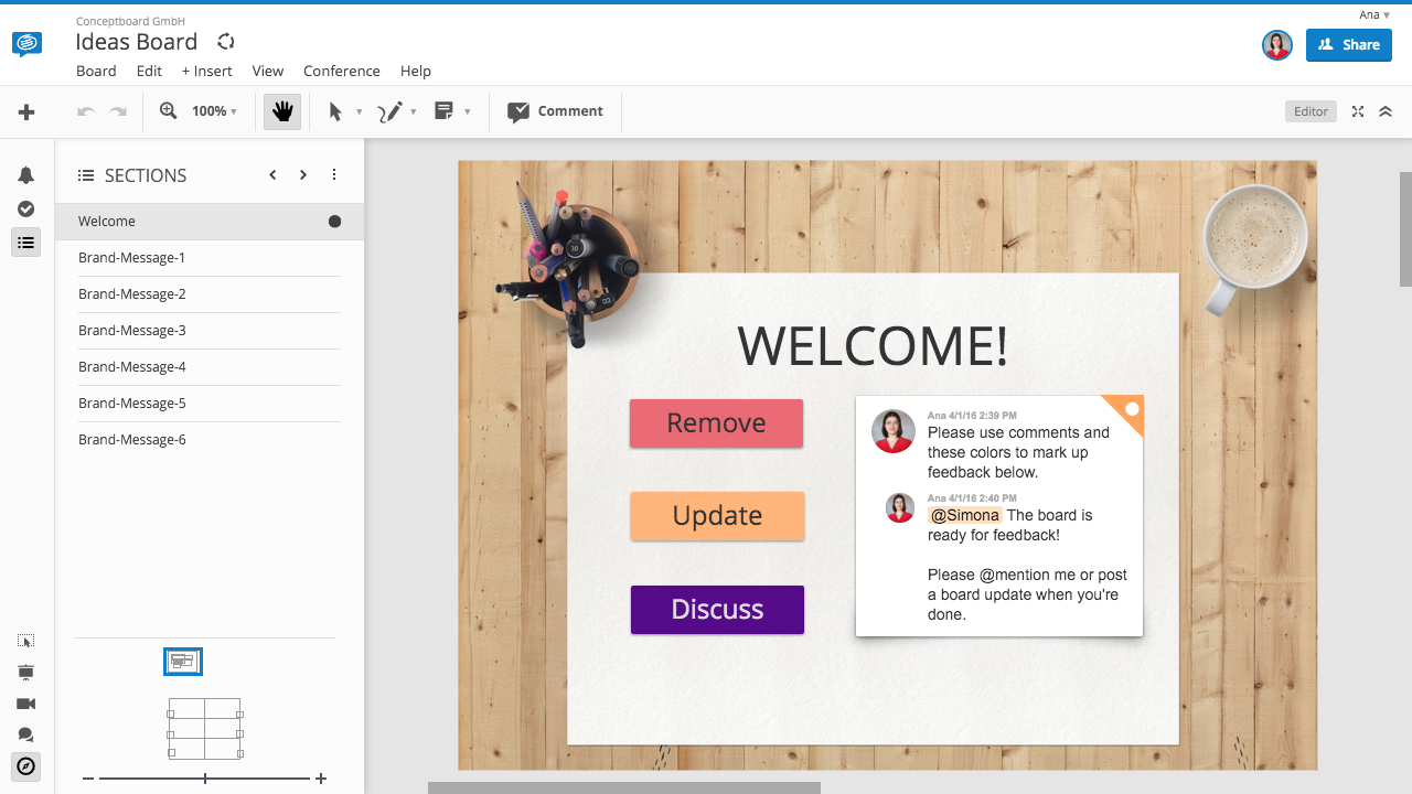 Conceptboard client welcome screen for online whiteboards