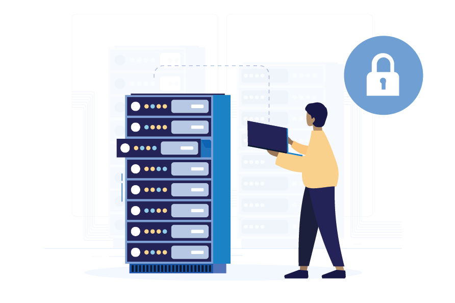 Dedicated server hosting. A person next to a big server and a laptop in the hands with a big security lock in the background