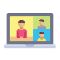 Icon representing a laptop with 3 people in a meeting
