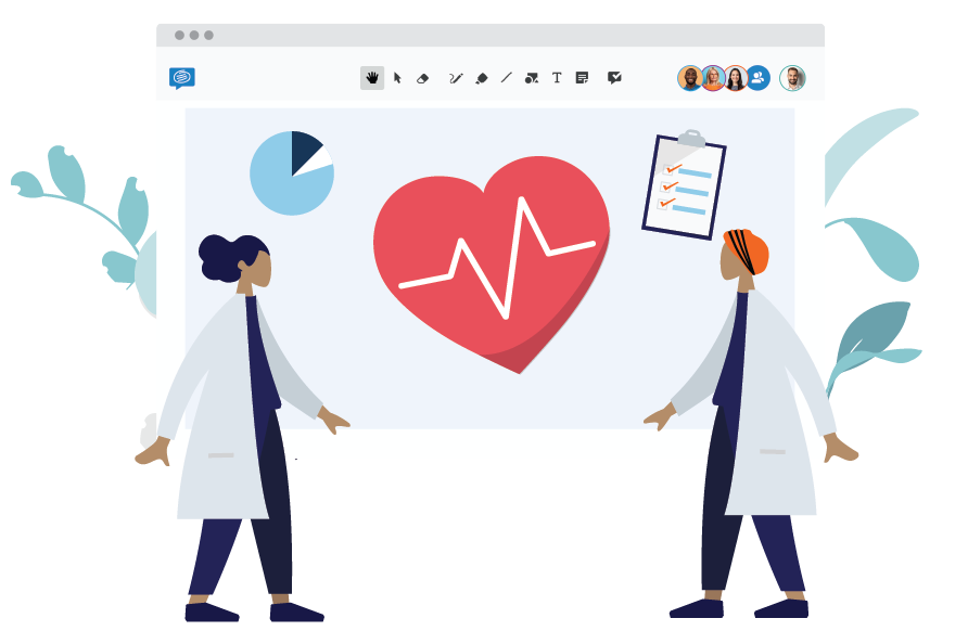 2 doctors from the healthcare working on a board having a heart, a chart and a list on it