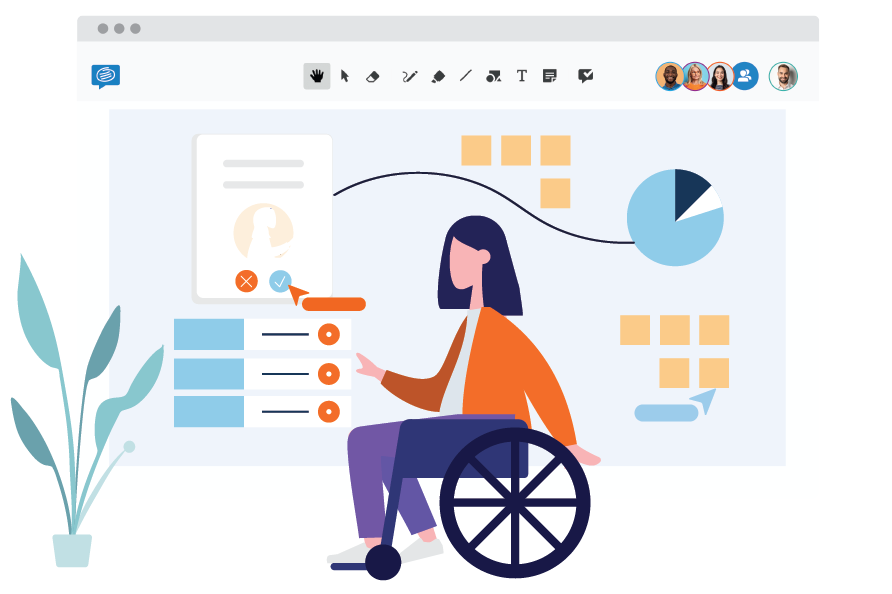 A use case to show how to use Conceptboard in HR teams. A person in the wheelchair pointing at a board
